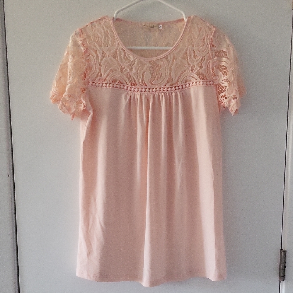 Lace Yoke Short Sleeve Blouse - Light Pink